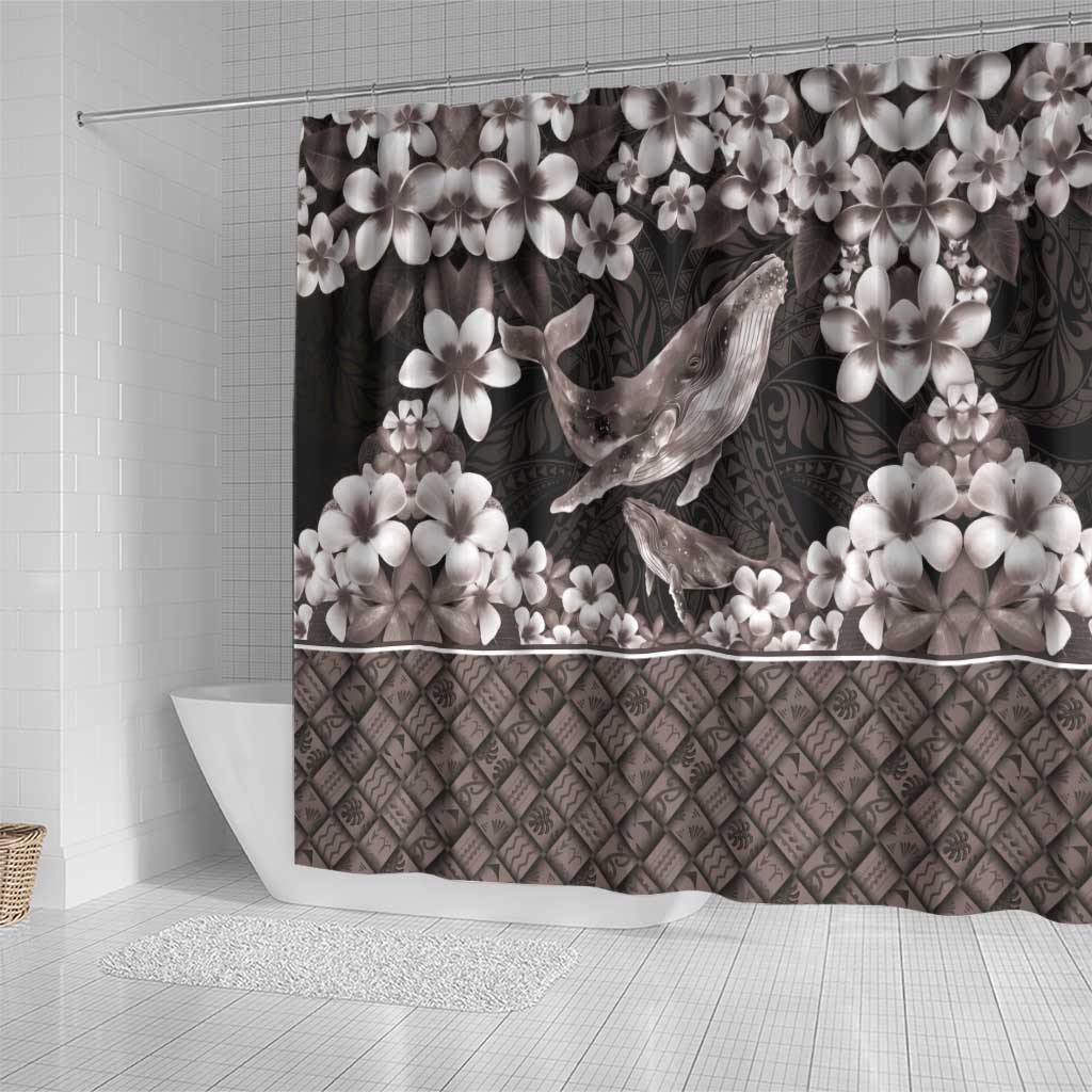 Hawaiian Plumeria and Humpback Whales Shower Curtain Polynerian Art Tattoo-Grayscale Mode