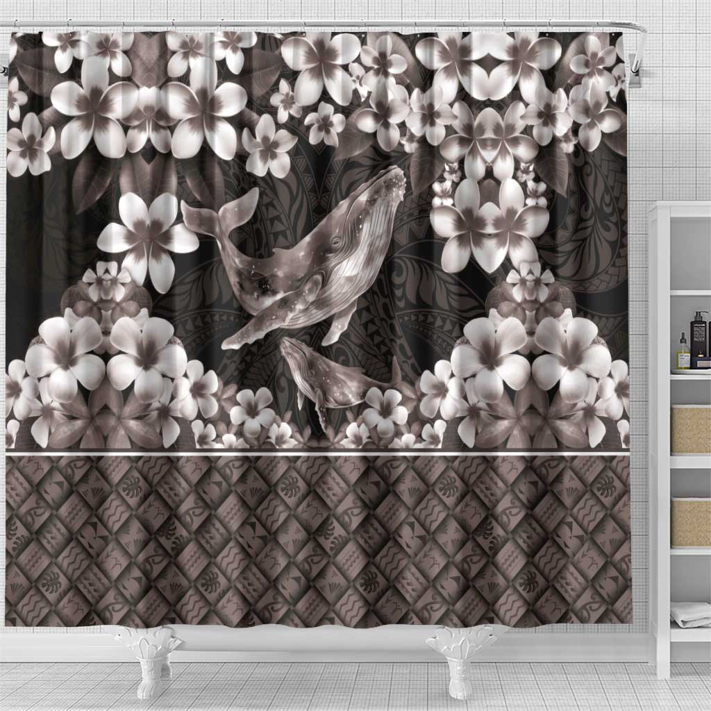 Hawaiian Plumeria and Humpback Whales Shower Curtain Polynerian Art Tattoo-Grayscale Mode