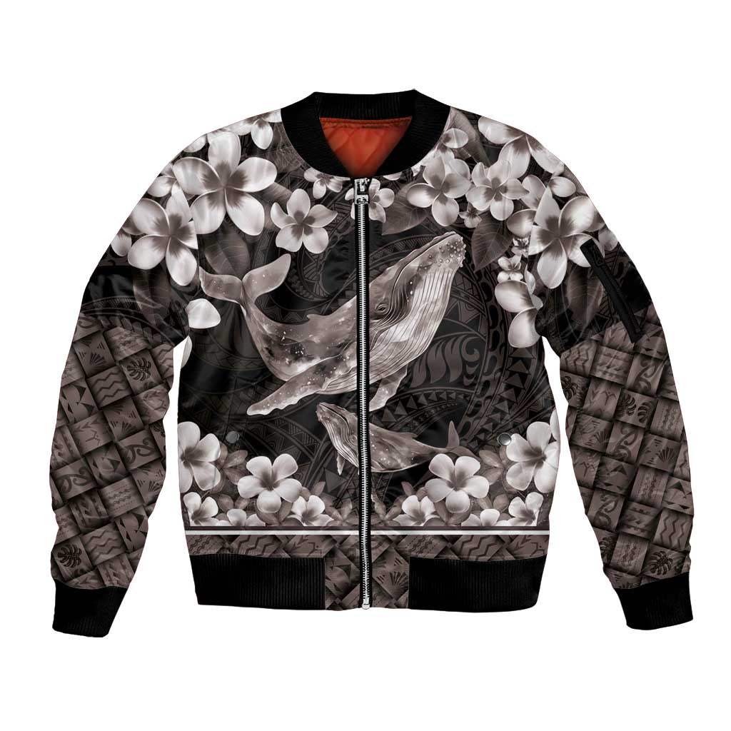 Hawaiian Plumeria and Humpback Whales Sleeve Zip Bomber Jacket Polynerian Art Tattoo-Grayscale Mode