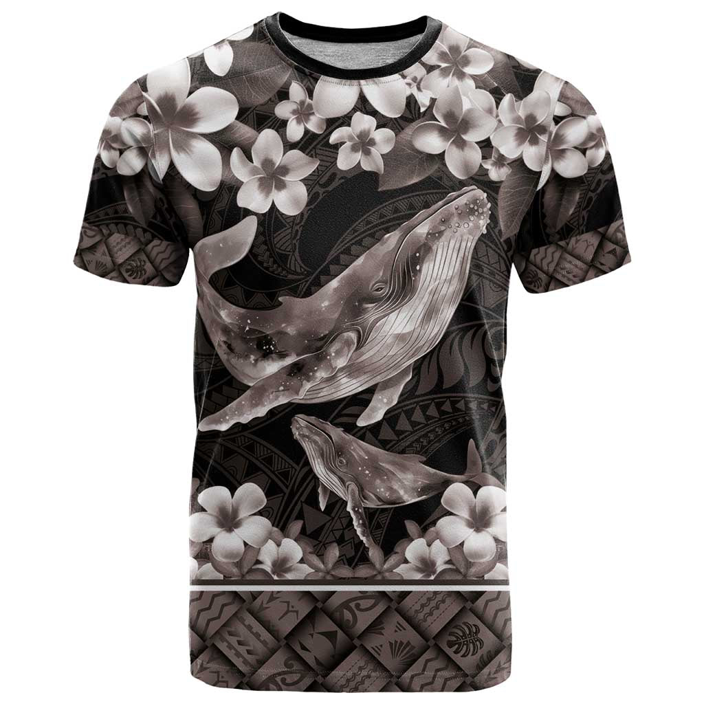 Hawaiian Plumeria and Humpback Whales T Shirt Polynerian Art Tattoo-Grayscale Mode