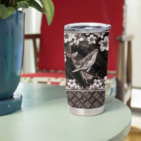 Hawaiian Plumeria and Humpback Whales Tumbler Cup Polynerian Art Tattoo-Grayscale Mode