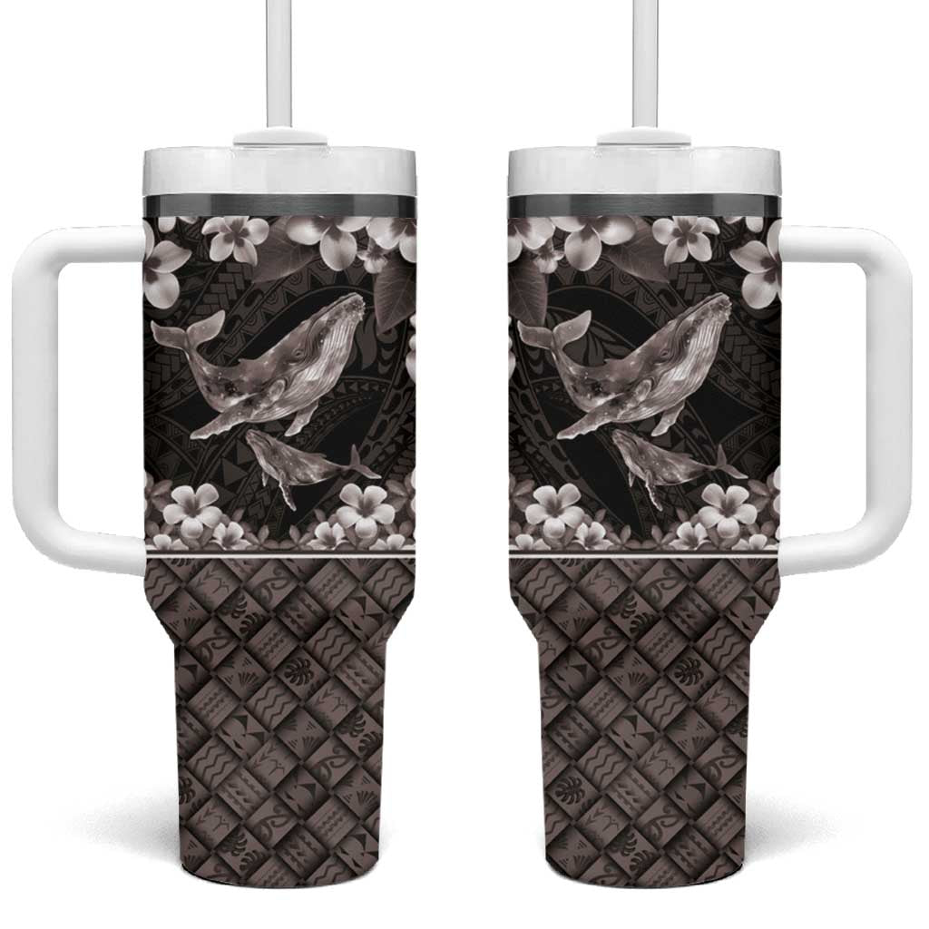 Hawaiian Plumeria and Humpback Whales Tumbler With Handle Polynerian Art Tattoo-Grayscale Mode