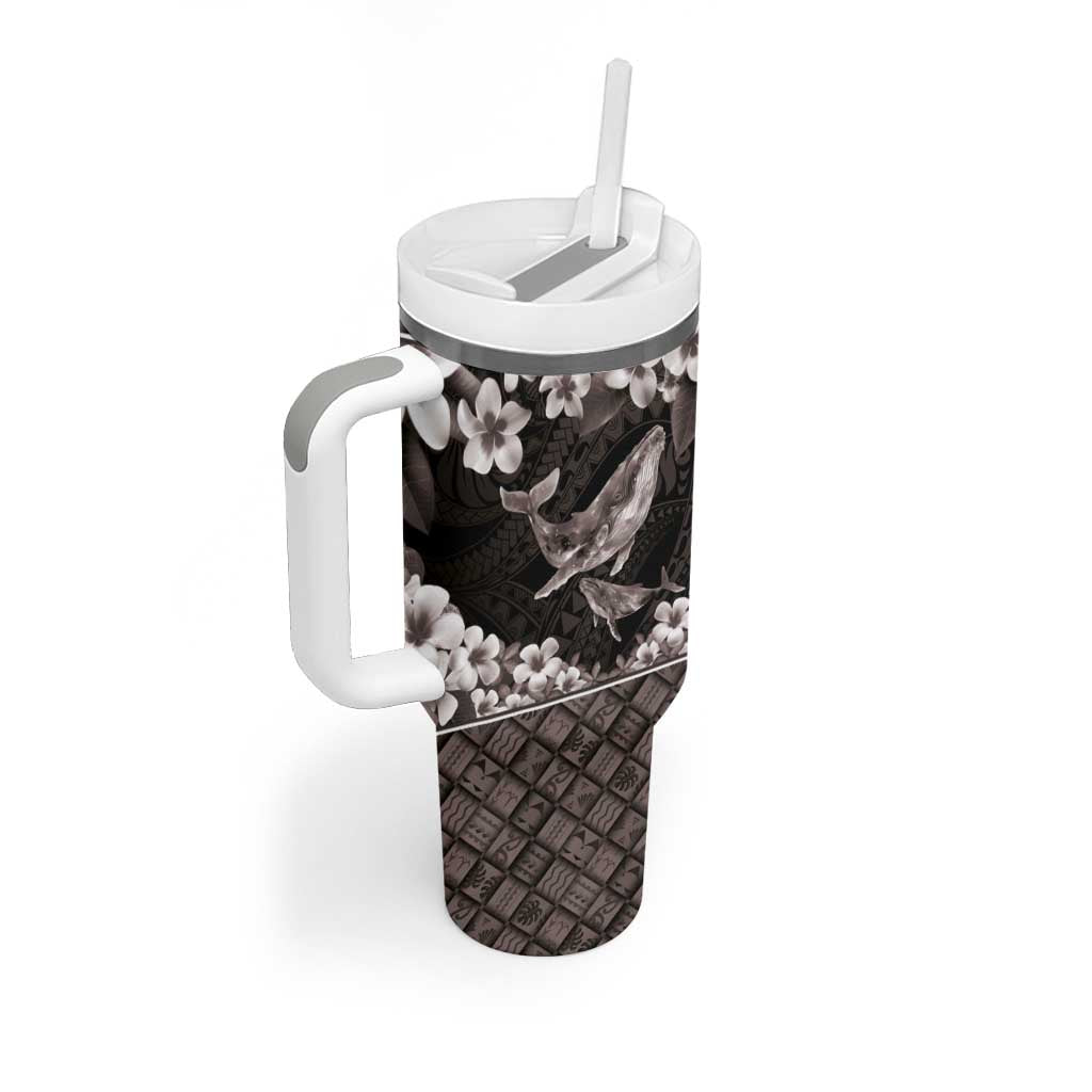 Hawaiian Plumeria and Humpback Whales Tumbler With Handle Polynerian Art Tattoo-Grayscale Mode LT03 - Polynesian Pride