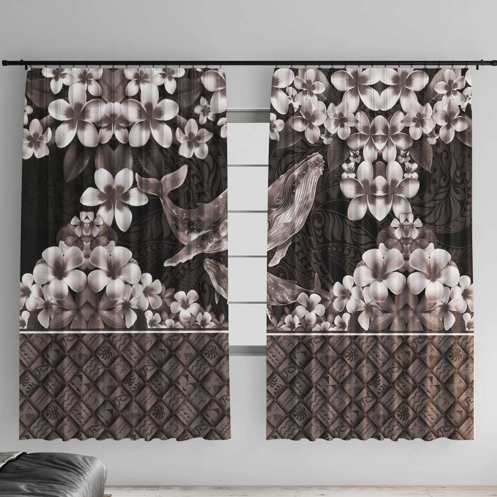 Hawaiian Plumeria and Humpback Whales Window Curtain Polynerian Art Tattoo-Grayscale Mode LT03 With Hooks Black - Polynesian Pride