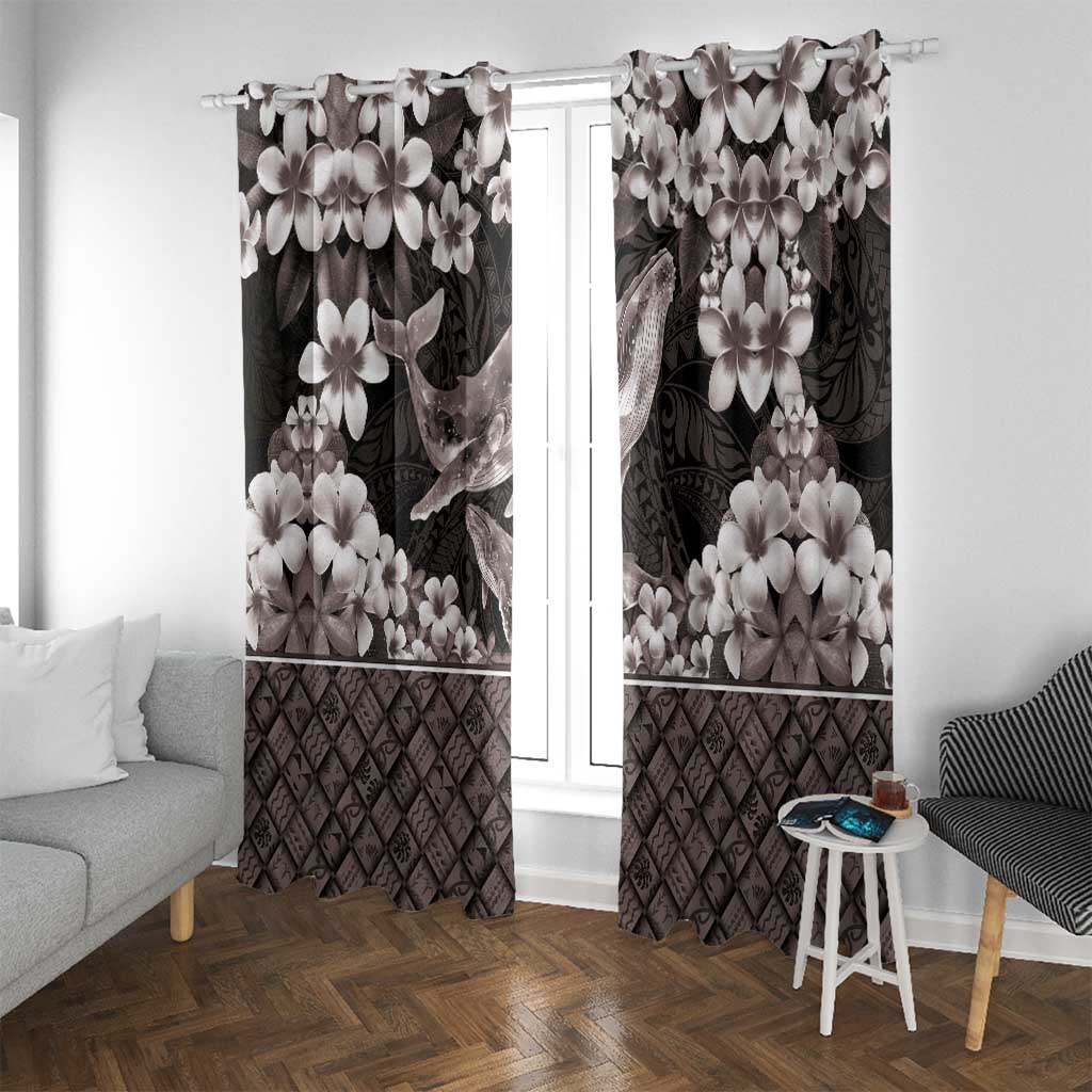 Hawaiian Plumeria and Humpback Whales Window Curtain Polynerian Art Tattoo-Grayscale Mode LT03 With Grommets Black - Polynesian Pride