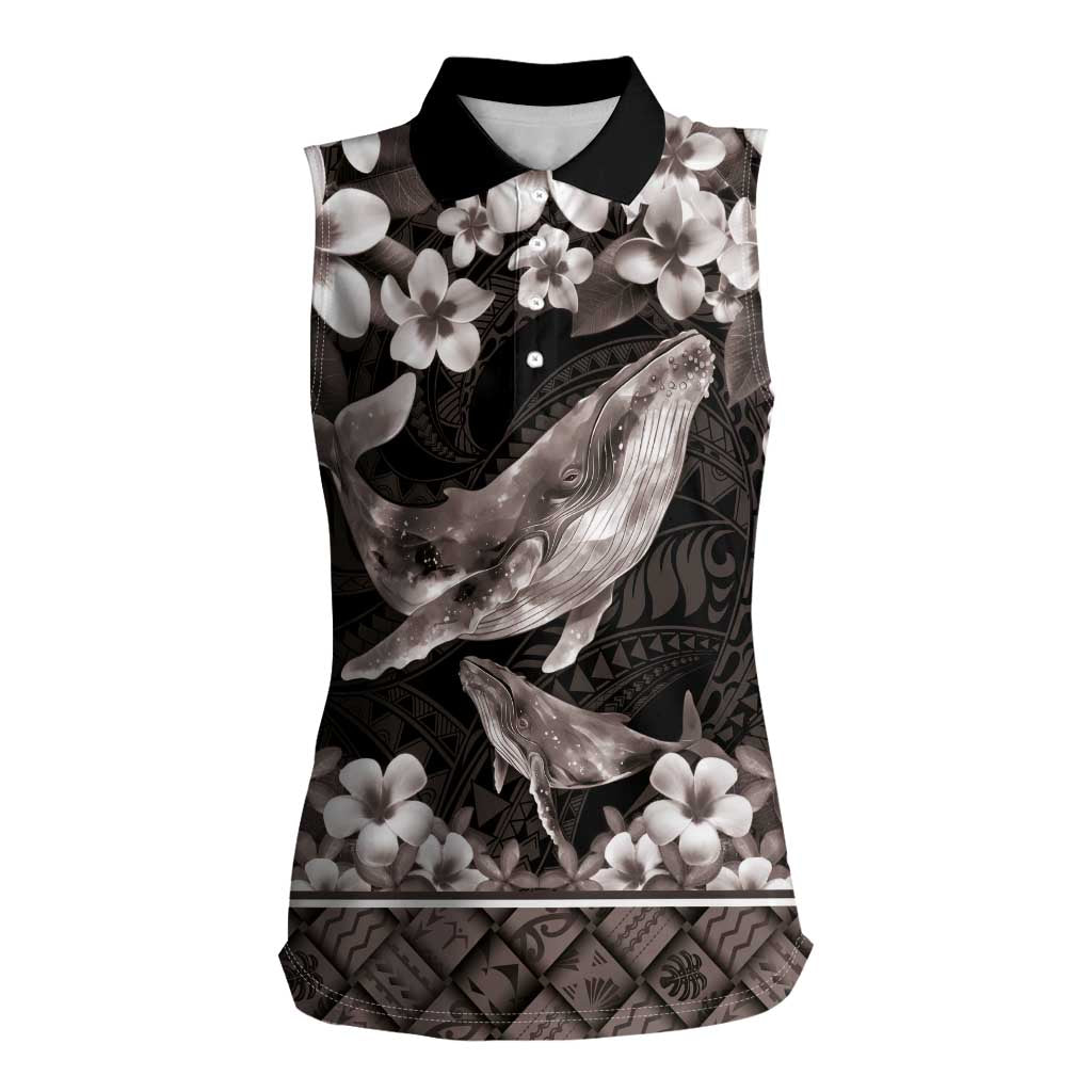 Hawaiian Plumeria and Humpback Whales Women Sleeveless Polo Shirt Polynerian Art Tattoo-Grayscale Mode
