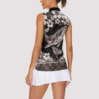 Hawaiian Plumeria and Humpback Whales Women Sleeveless Polo Shirt Polynerian Art Tattoo-Grayscale Mode
