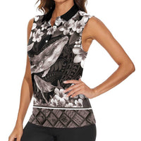 Hawaiian Plumeria and Humpback Whales Women Sleeveless Polo Shirt Polynerian Art Tattoo-Grayscale Mode