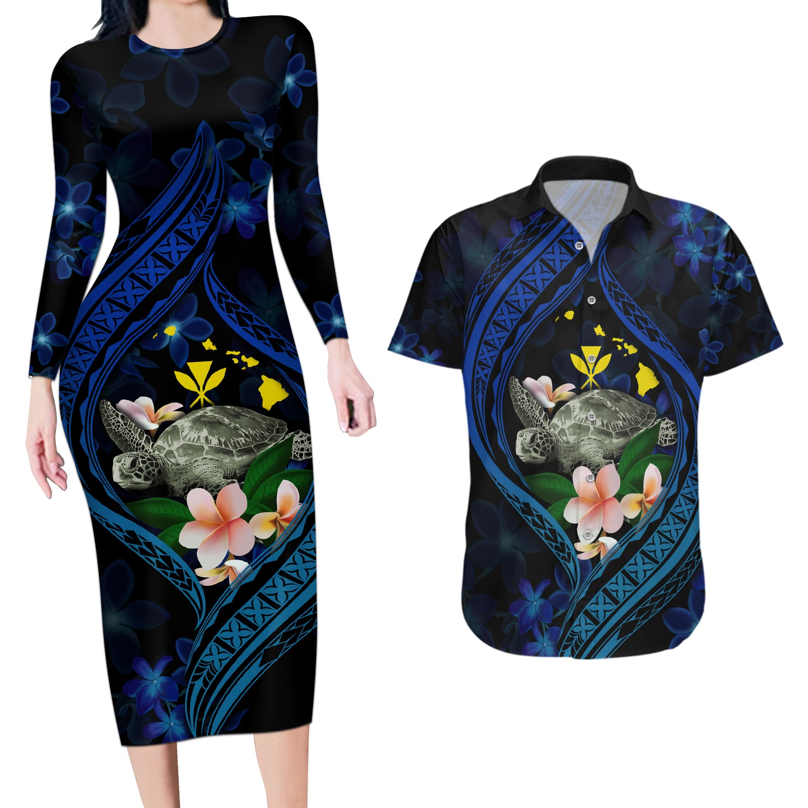 Hawaii Turtle Plumeria Flower Fanciful Couples Matching Long Sleeve Bodycon Dress and Hawaiian Shirt LT03 Black - Polynesian Pride