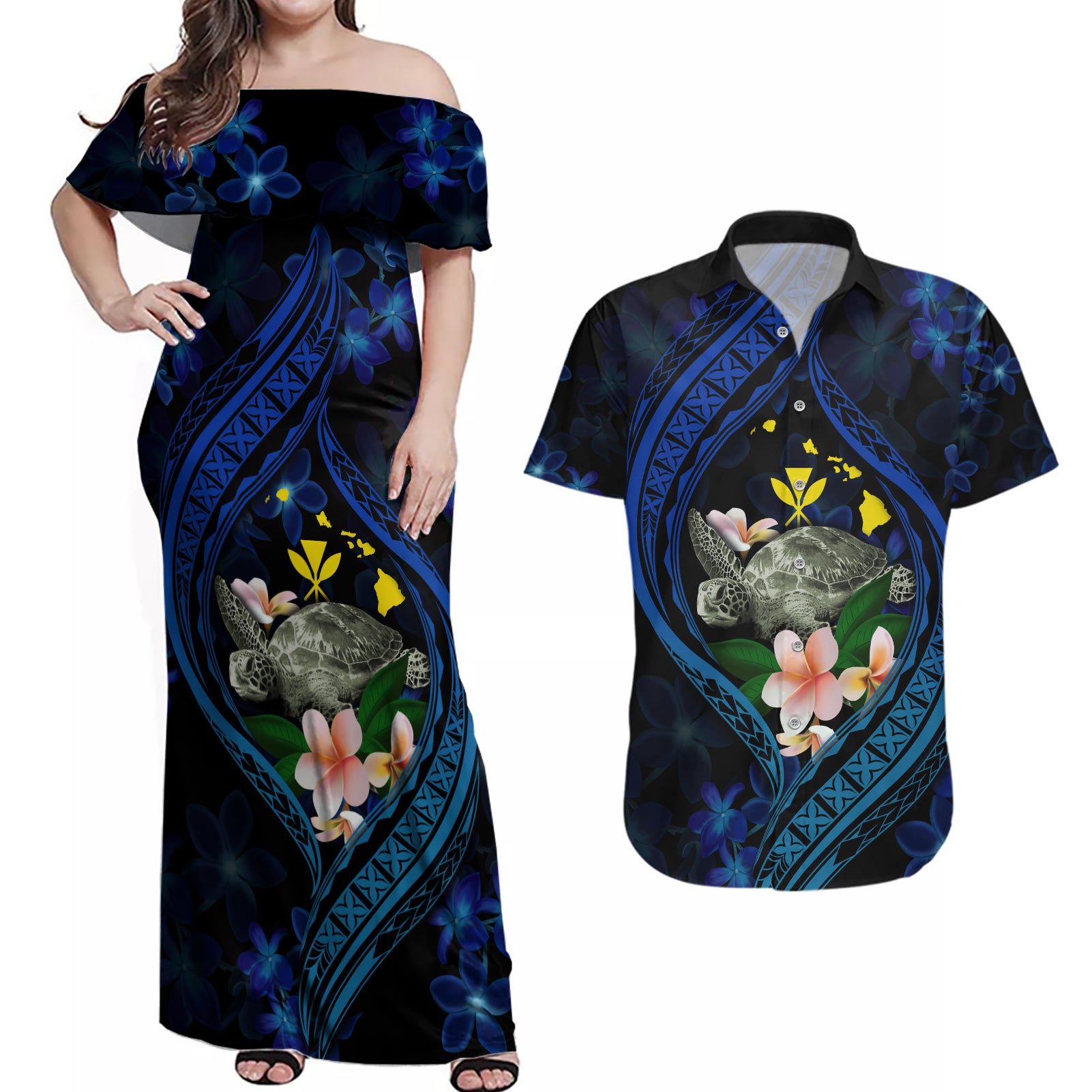 Hawaii Turtle Plumeria Flower Fanciful Couples Matching Off Shoulder Maxi Dress and Hawaiian Shirt