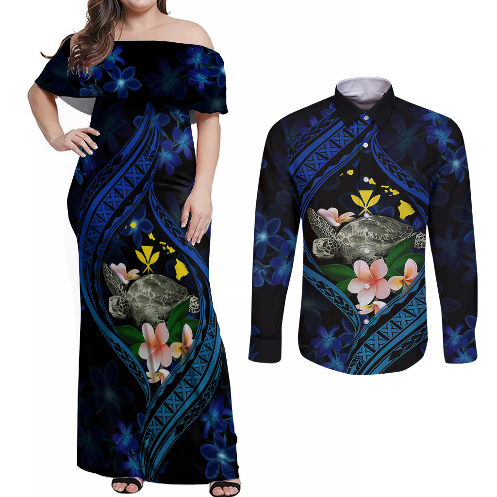 Hawaii Turtle Plumeria Flower Fanciful Couples Matching Off Shoulder Maxi Dress and Long Sleeve Button Shirt LT03 Black - Polynesian Pride