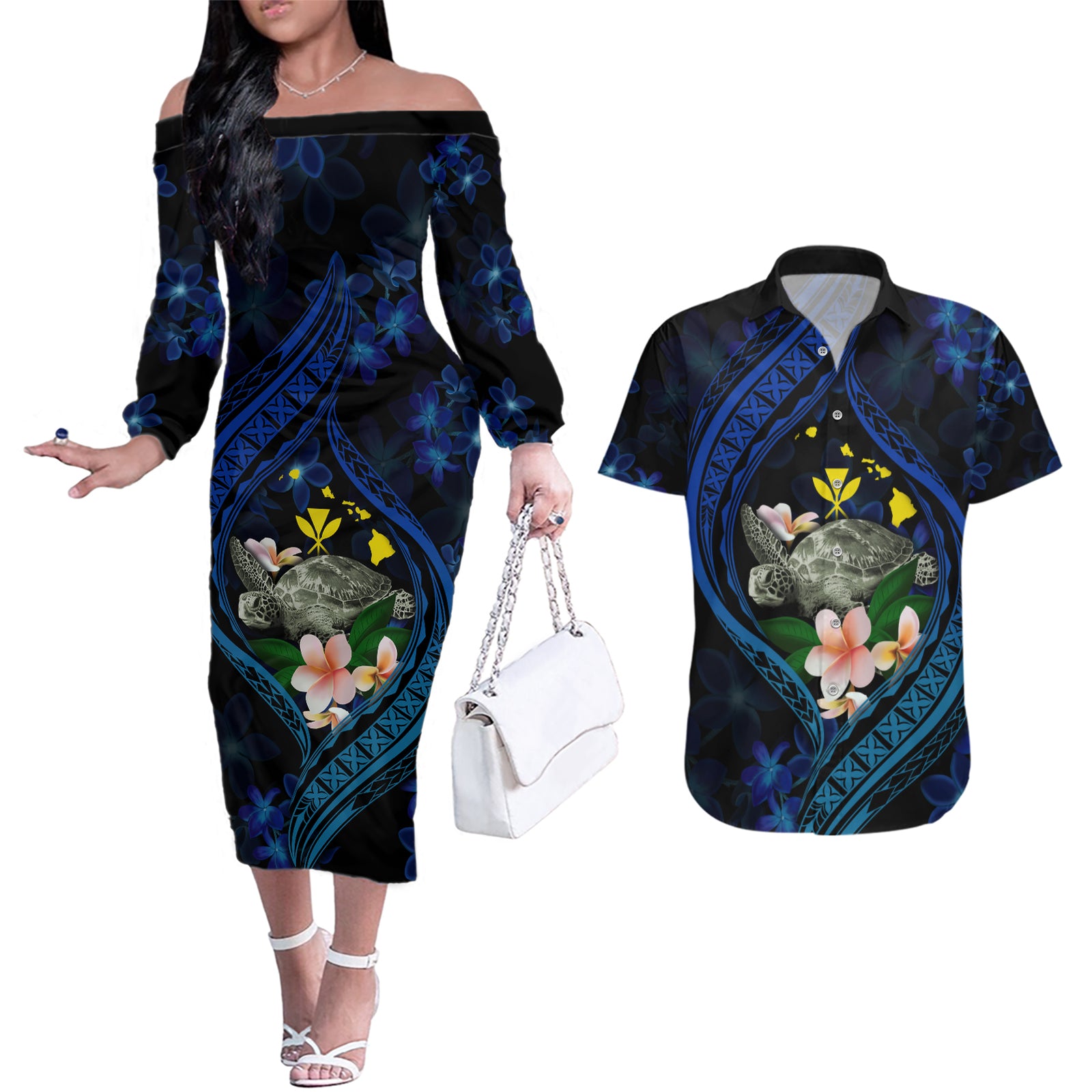 Hawaii Turtle Plumeria Flower Fanciful Couples Matching Off The Shoulder Long Sleeve Dress and Hawaiian Shirt LT03 Black - Polynesian Pride