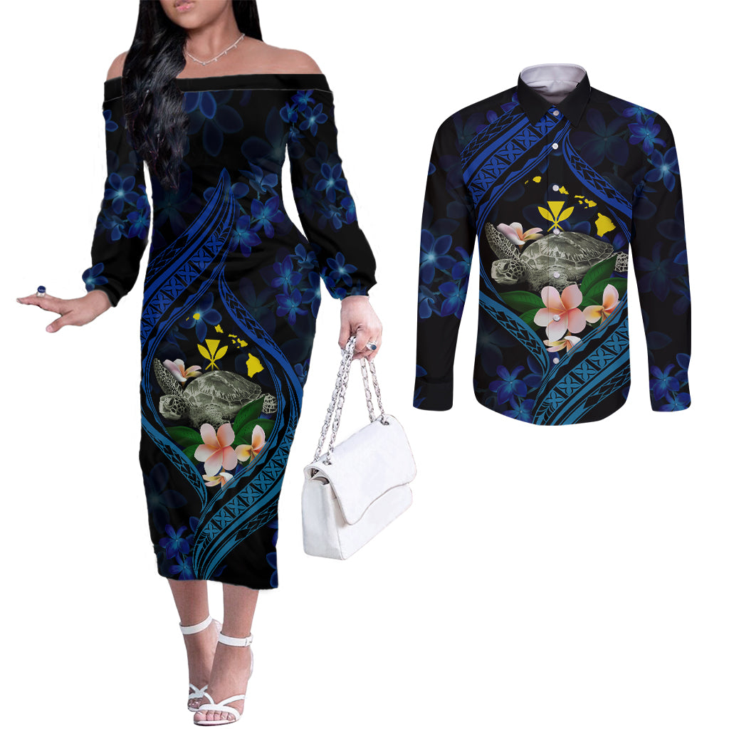 Hawaii Turtle Plumeria Flower Fanciful Couples Matching Off The Shoulder Long Sleeve Dress and Long Sleeve Button Shirt LT03 Black - Polynesian Pride