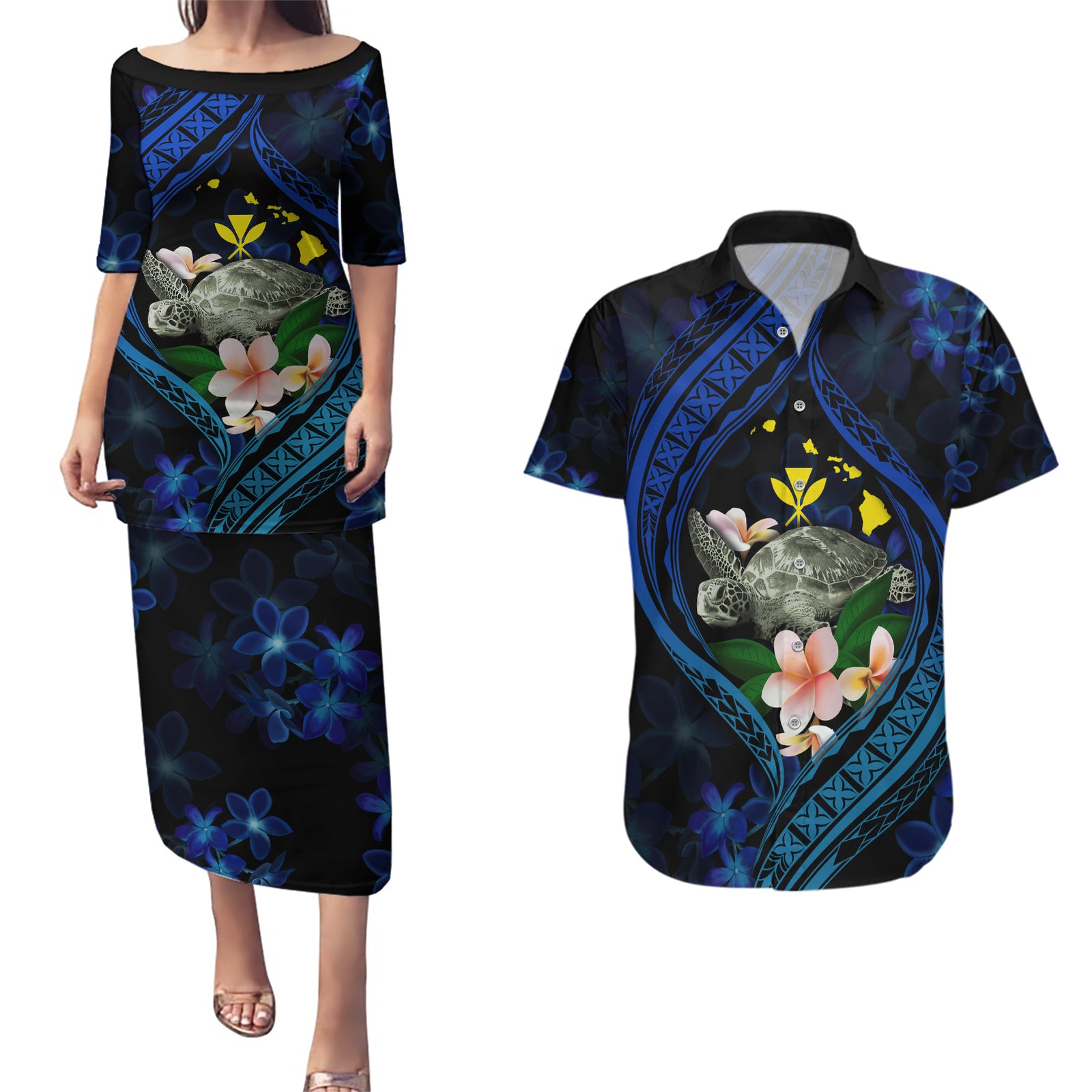 Hawaii Turtle Plumeria Flower Fanciful Couples Matching Puletasi and Hawaiian Shirt LT03 Black - Polynesian Pride