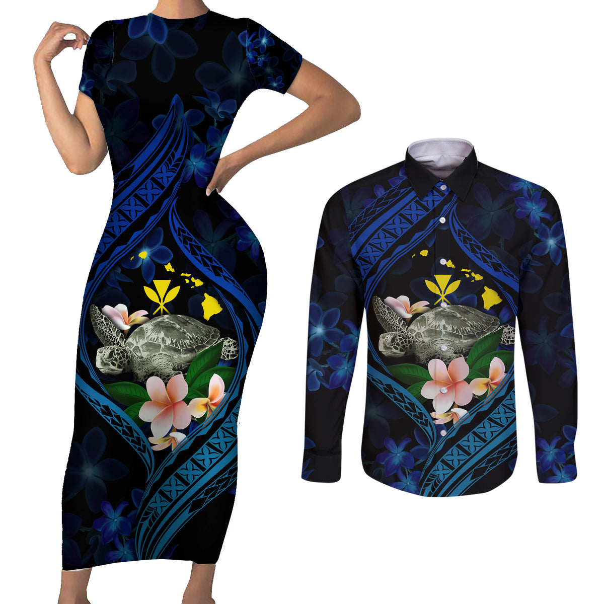 Hawaii Turtle Plumeria Flower Fanciful Couples Matching Short Sleeve Bodycon Dress and Long Sleeve Button Shirt LT03 Black - Polynesian Pride