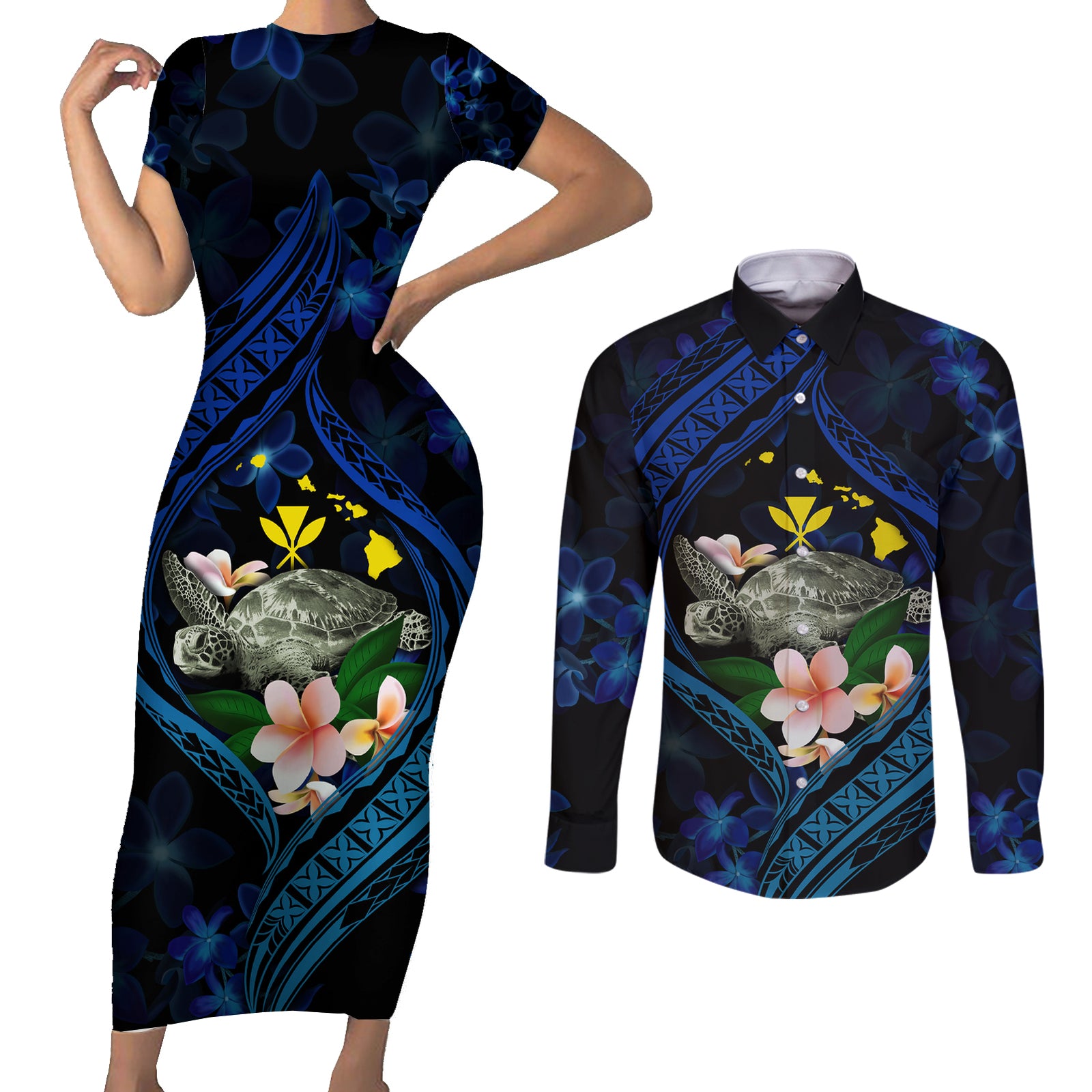 Hawaii Turtle Plumeria Flower Fanciful Couples Matching Short Sleeve Bodycon Dress and Long Sleeve Button Shirt LT03 Black - Polynesian Pride