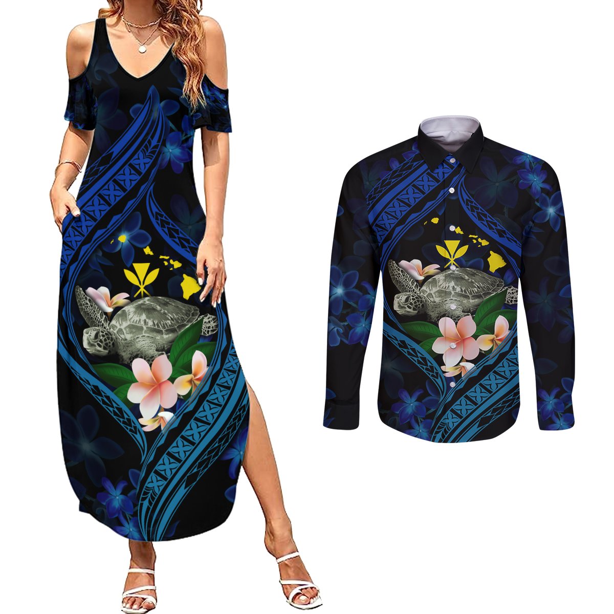 Hawaii Turtle Plumeria Flower Fanciful Couples Matching Summer Maxi Dress and Long Sleeve Button Shirt LT03 Black - Polynesian Pride