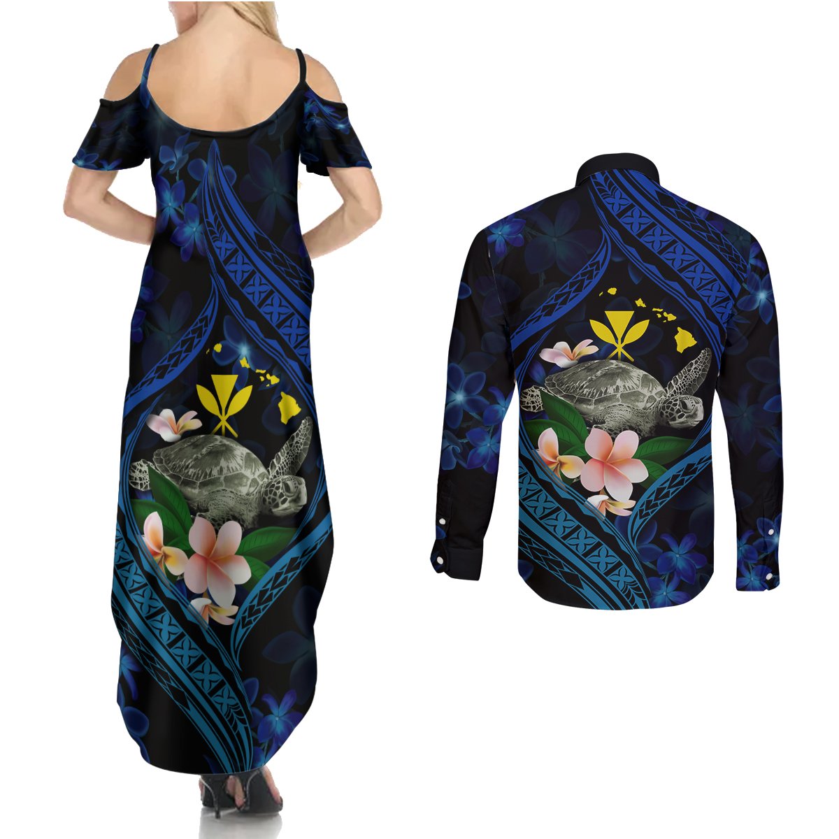 Hawaii Turtle Plumeria Flower Fanciful Couples Matching Summer Maxi Dress and Long Sleeve Button Shirt