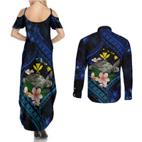 Hawaii Turtle Plumeria Flower Fanciful Couples Matching Summer Maxi Dress and Long Sleeve Button Shirt