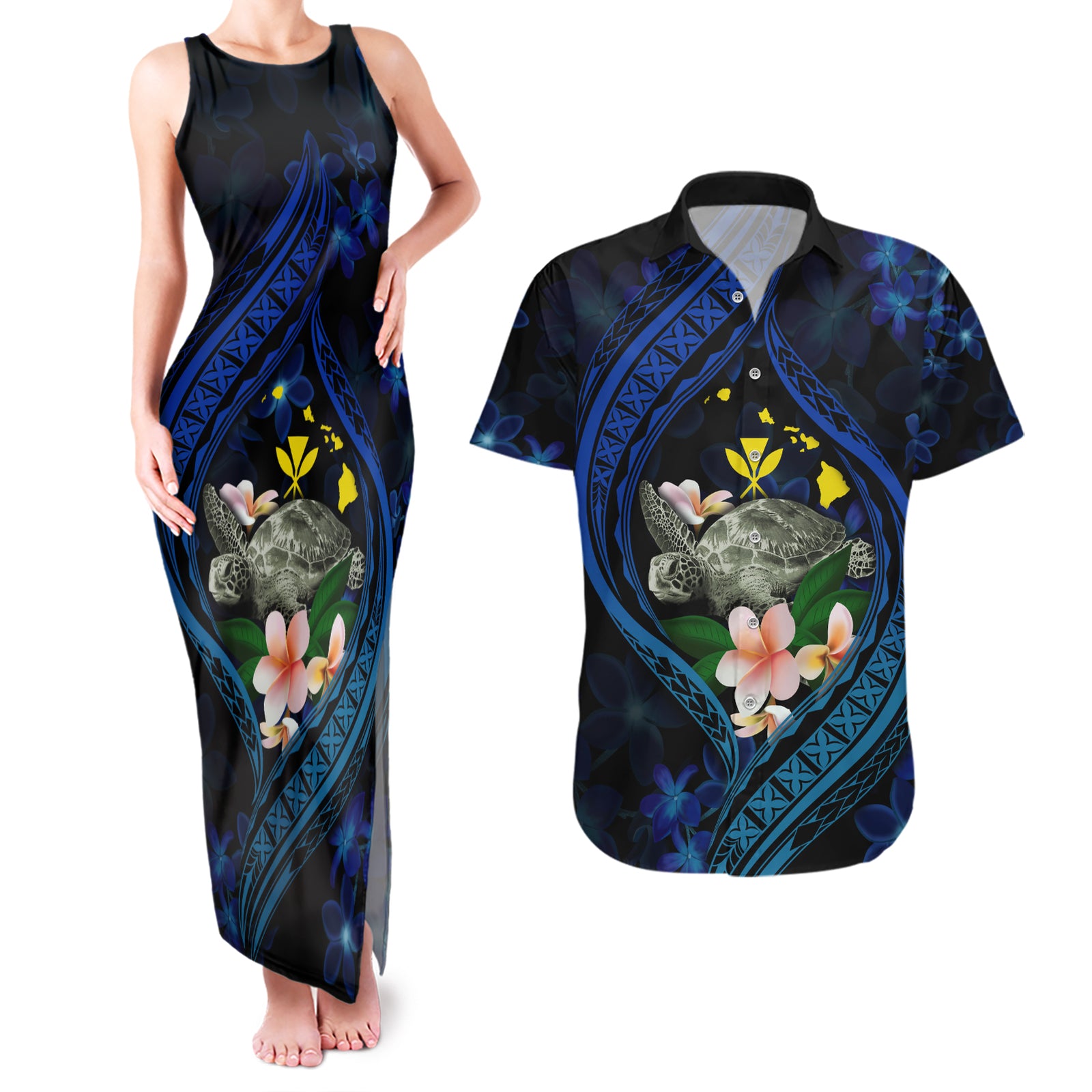 Hawaii Turtle Plumeria Flower Fanciful Couples Matching Tank Maxi Dress and Hawaiian Shirt LT03 Black - Polynesian Pride