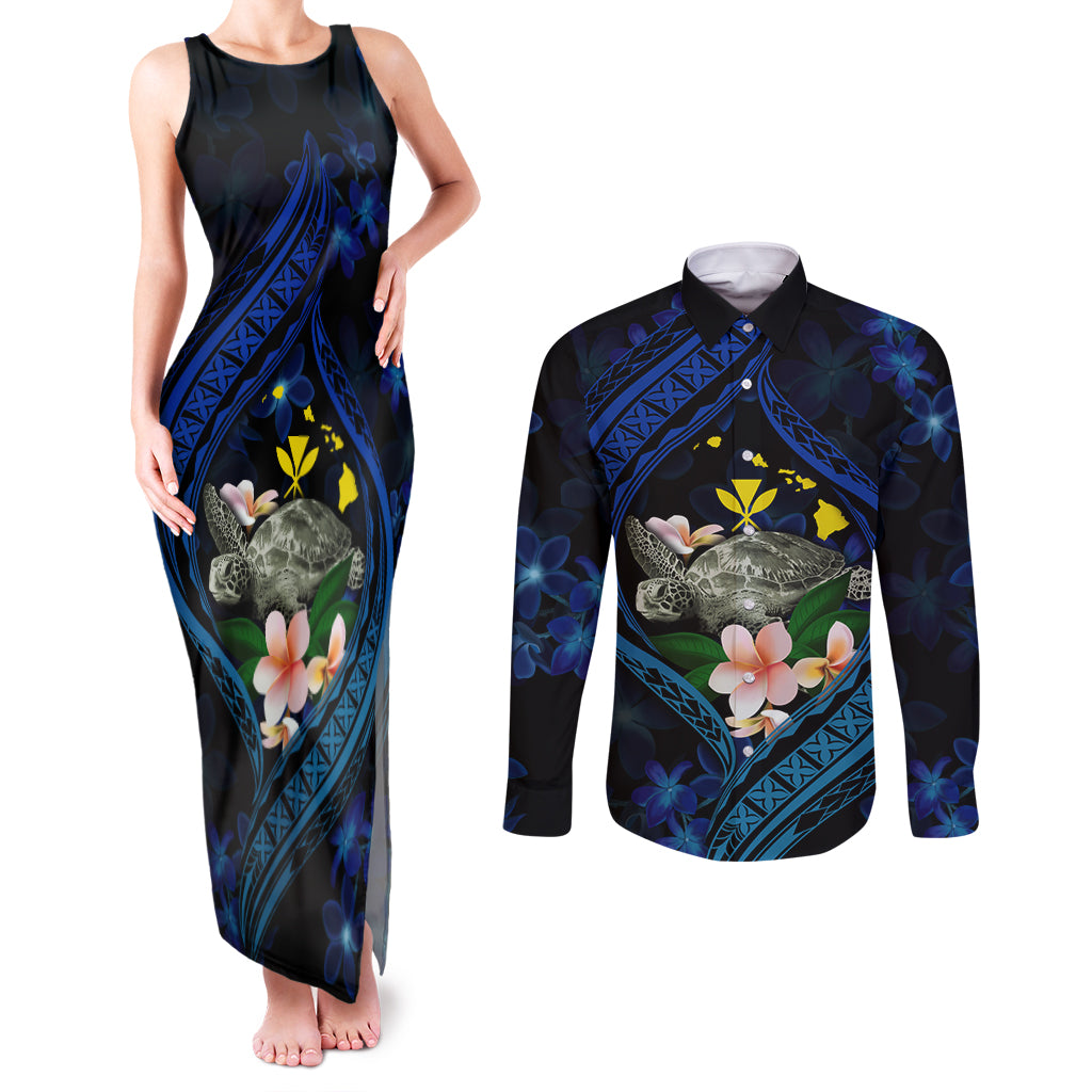 Hawaii Turtle Plumeria Flower Fanciful Couples Matching Tank Maxi Dress and Long Sleeve Button Shirt LT03 Black - Polynesian Pride