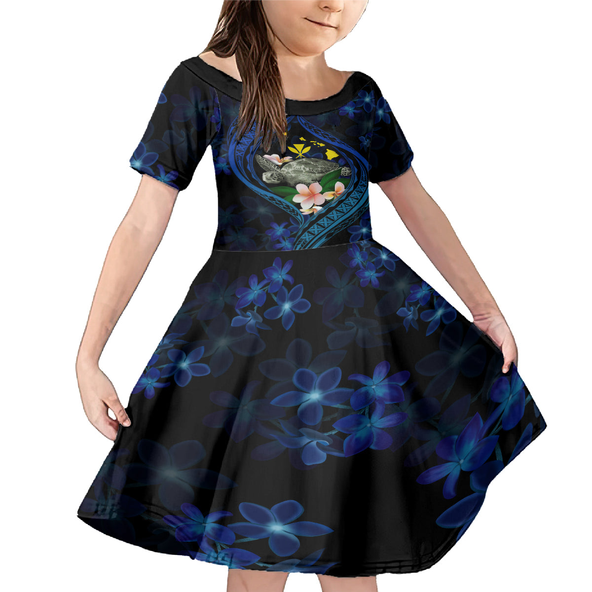 Hawaii Turtle Plumeria Flower Fanciful Family Matching Mermaid Dress and Hawaiian Shirt