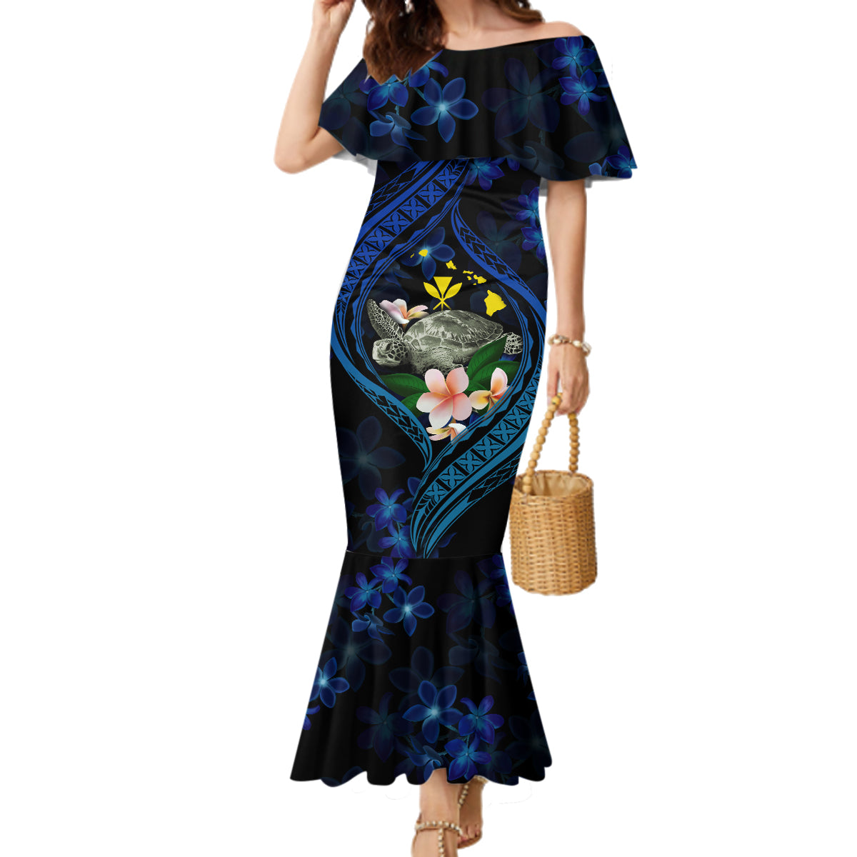 Hawaii Turtle Plumeria Flower Fanciful Family Matching Mermaid Dress and Hawaiian Shirt