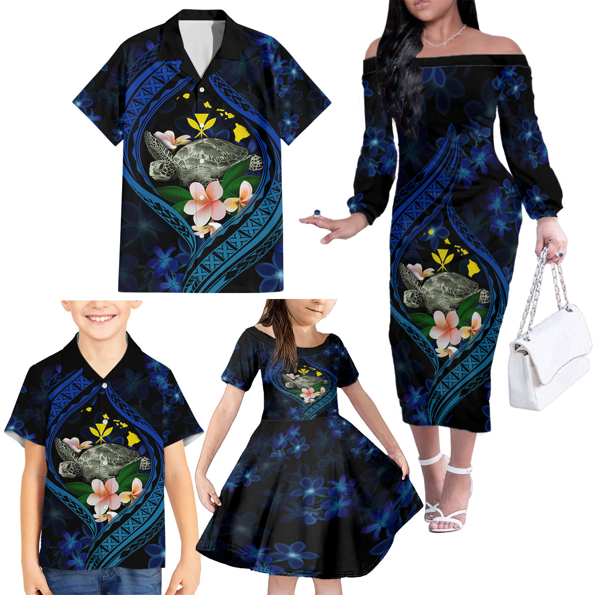 Hawaii Turtle Plumeria Flower Fanciful Family Matching Off The Shoulder Long Sleeve Dress and Hawaiian Shirt