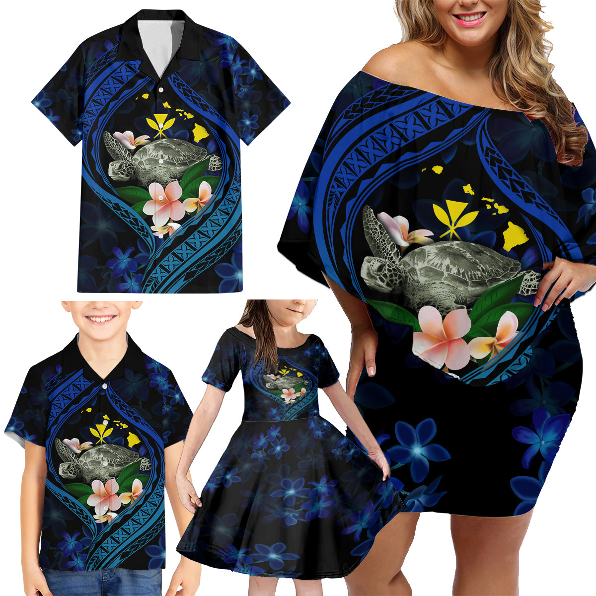 Hawaii Turtle Plumeria Flower Fanciful Family Matching Off Shoulder Short Dress and Hawaiian Shirt LT03 - Polynesian Pride