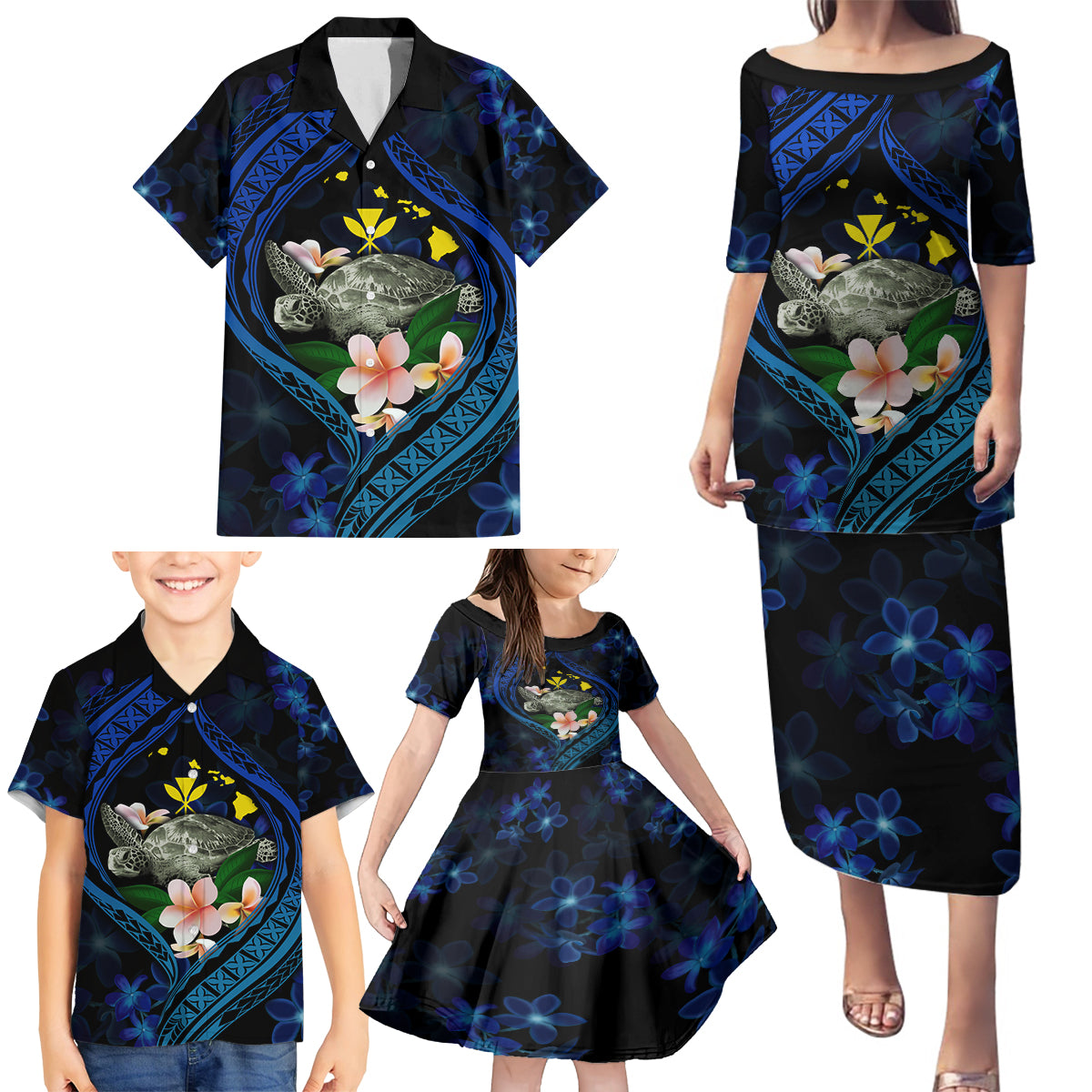 Hawaii Turtle Plumeria Flower Fanciful Family Matching Puletasi and Hawaiian Shirt LT03 - Polynesian Pride