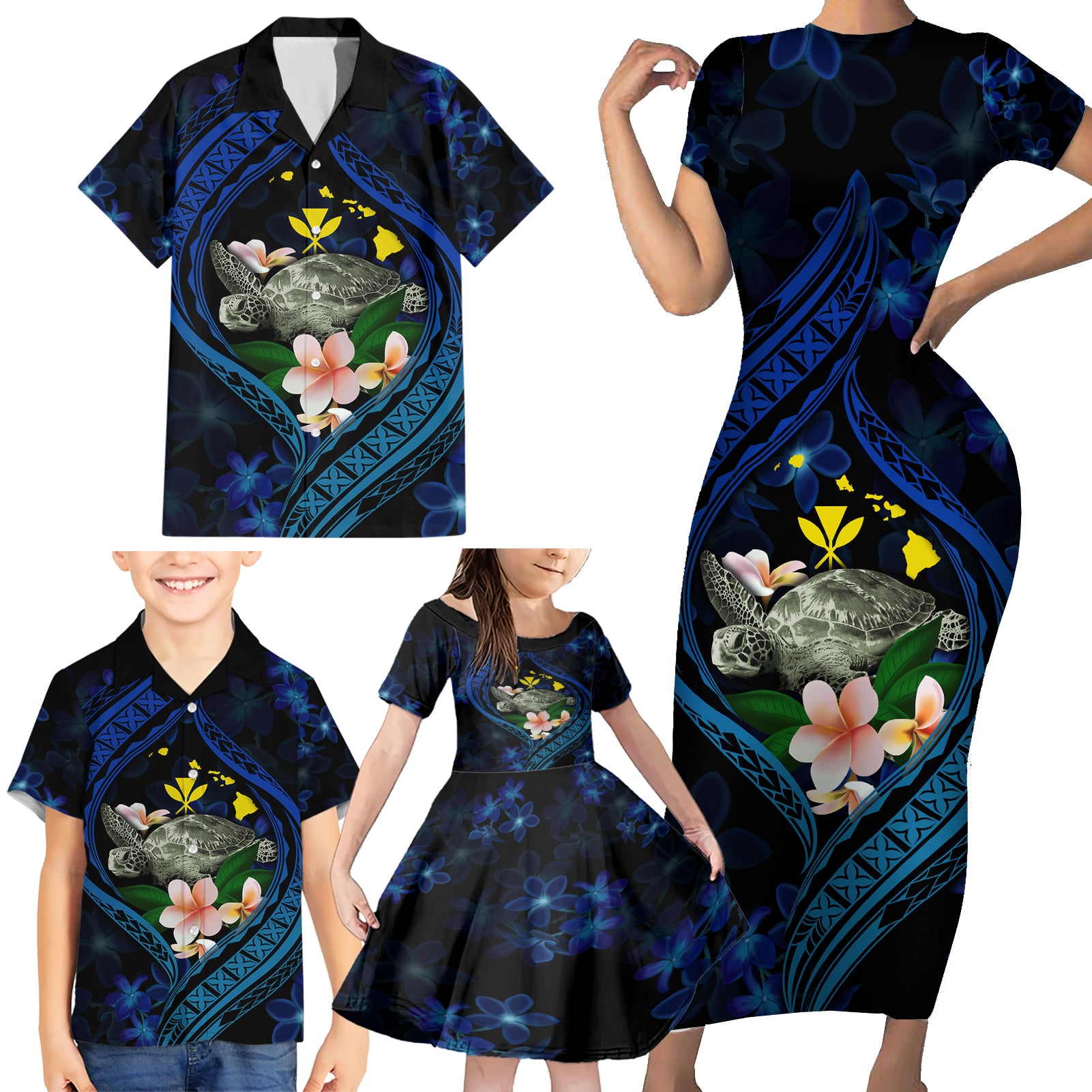 Hawaii Turtle Plumeria Flower Fanciful Family Matching Short Sleeve Bodycon Dress and Hawaiian Shirt