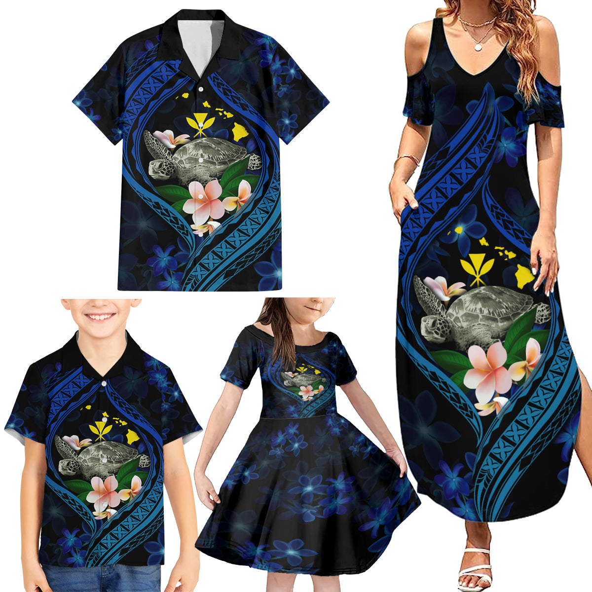 Hawaii Turtle Plumeria Flower Fanciful Family Matching Summer Maxi Dress and Hawaiian Shirt