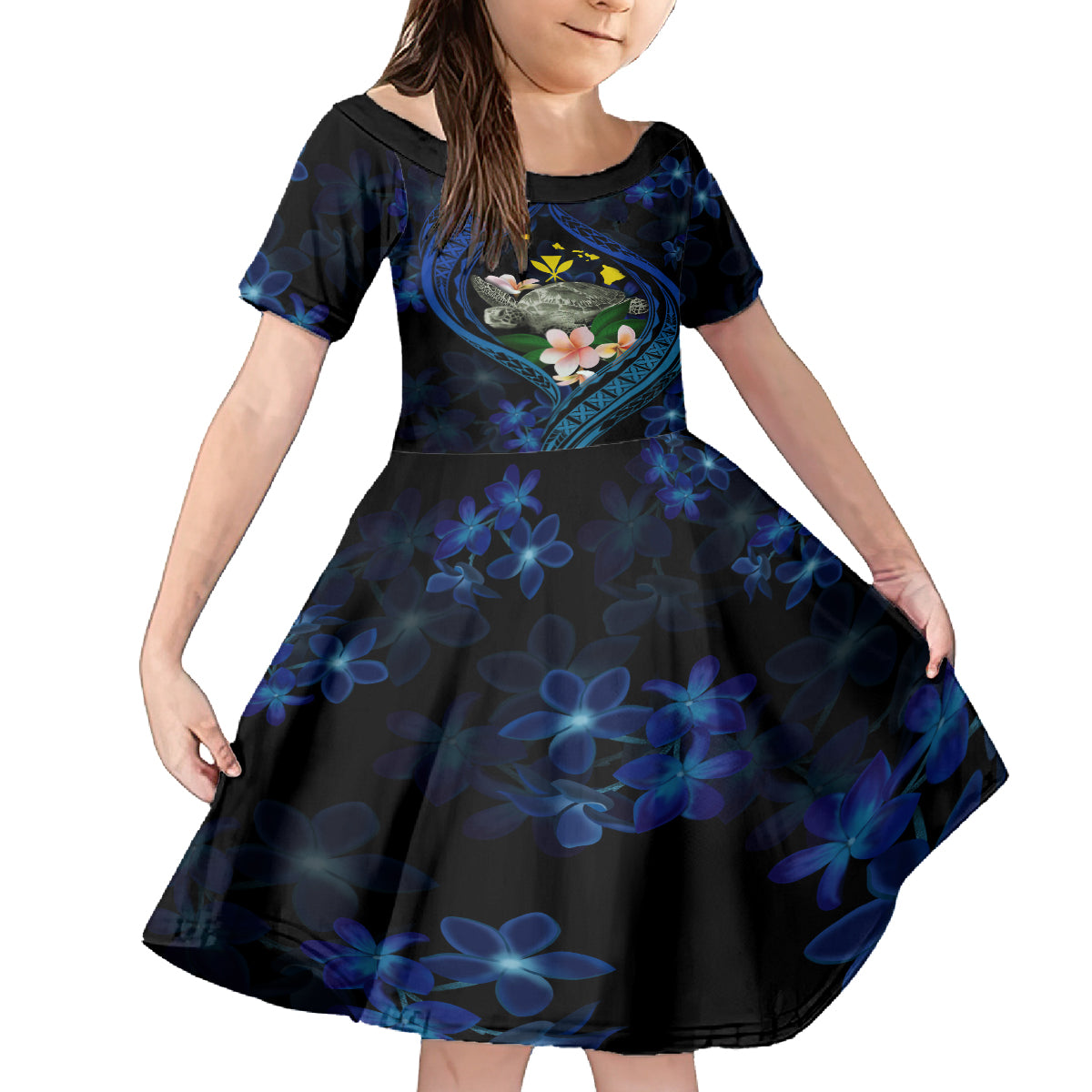 Hawaii Turtle Plumeria Flower Fanciful Family Matching Tank Maxi Dress and Hawaiian Shirt LT03 Daughter's Dress Black - Polynesian Pride