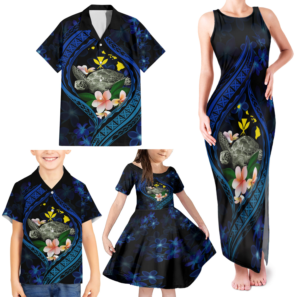 Hawaii Turtle Plumeria Flower Fanciful Family Matching Tank Maxi Dress and Hawaiian Shirt LT03 - Polynesian Pride