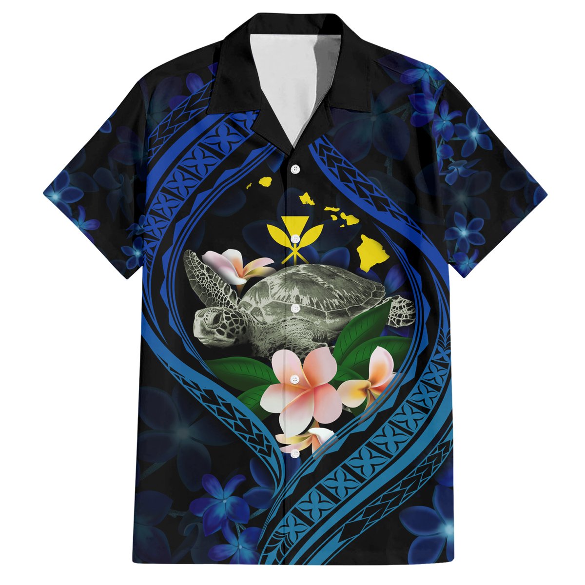 Hawaii Turtle Plumeria Flower Fanciful Hawaiian Shirt LT03 Black - Polynesian Pride