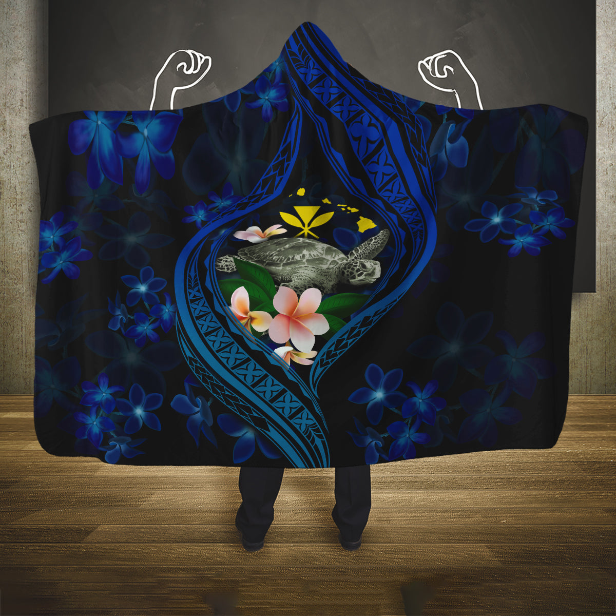 Hawaii Turtle Plumeria Flower Fanciful Hooded Blanket LT03 One Size Black - Polynesian Pride