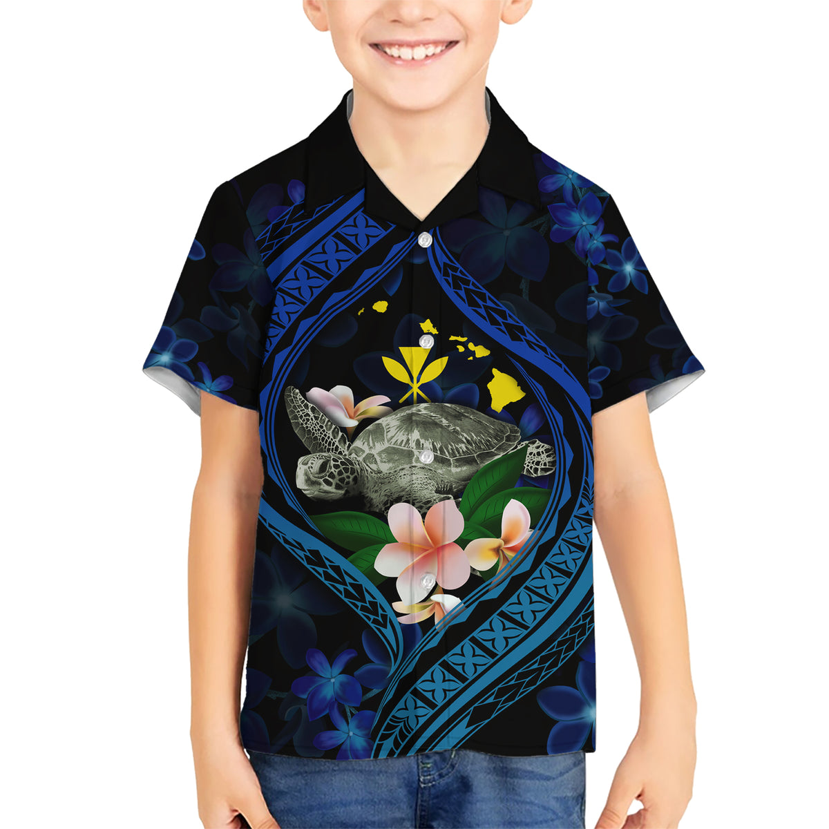 Hawaii Turtle Plumeria Flower Fanciful Kid Hawaiian Shirt LT03 Kid Black - Polynesian Pride