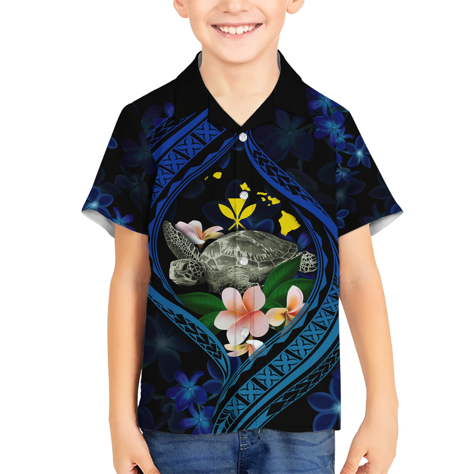 Hawaii Turtle Plumeria Flower Fanciful Kid Hawaiian Shirt LT03 Kid Black - Polynesian Pride