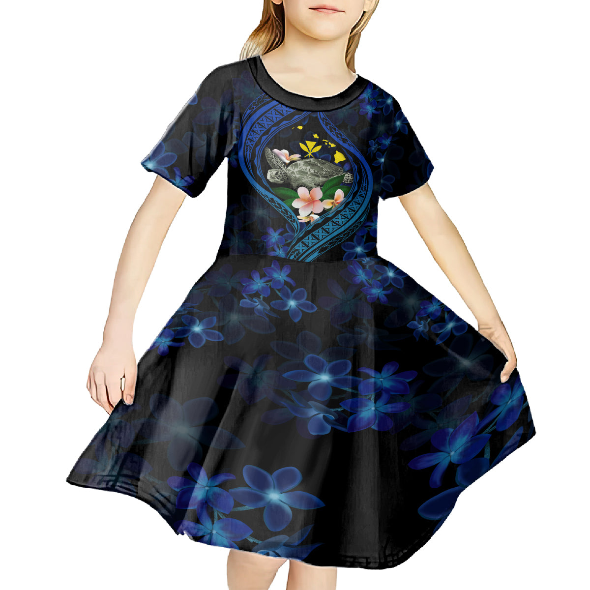 Hawaii Turtle Plumeria Flower Fanciful Kid Short Sleeve Dress LT03 - Polynesian Pride