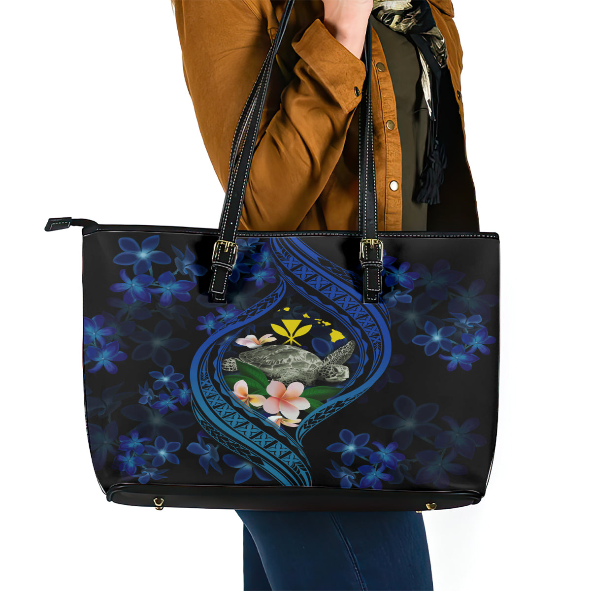 Hawaii Turtle Plumeria Flower Fanciful Leather Tote Bag LT03 - Polynesian Pride