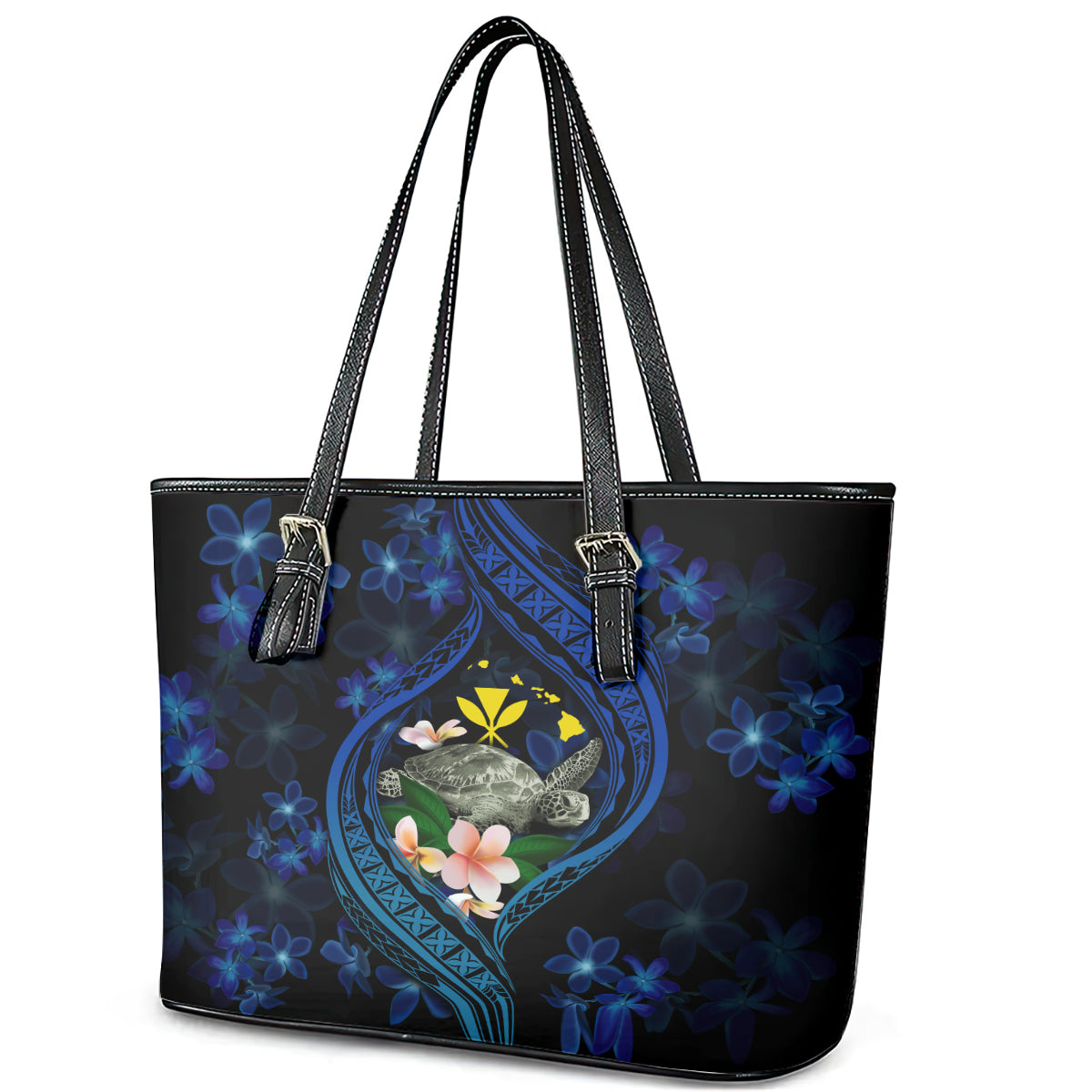 Hawaii Turtle Plumeria Flower Fanciful Leather Tote Bag LT03 - Polynesian Pride