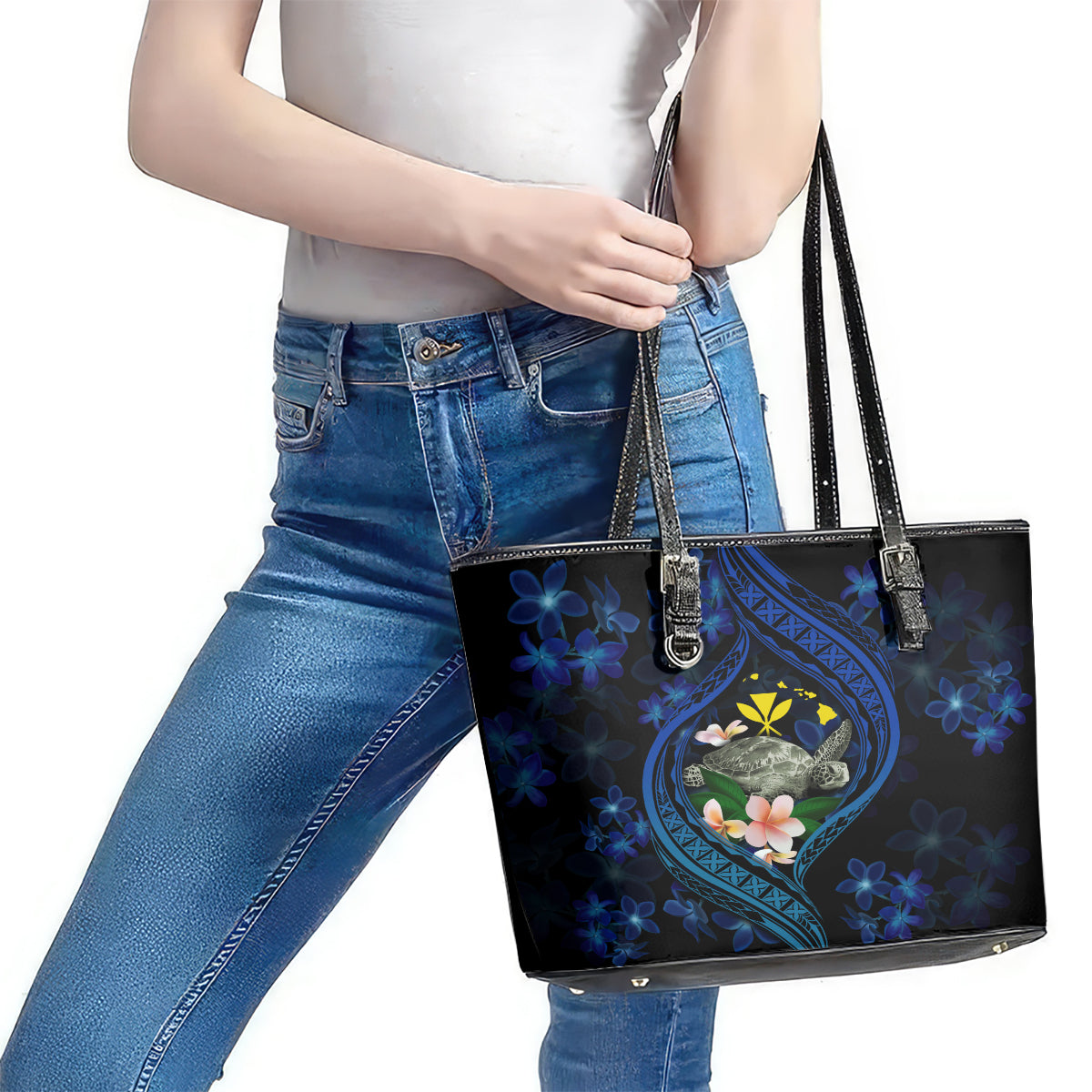 Hawaii Turtle Plumeria Flower Fanciful Leather Tote Bag LT03 - Polynesian Pride