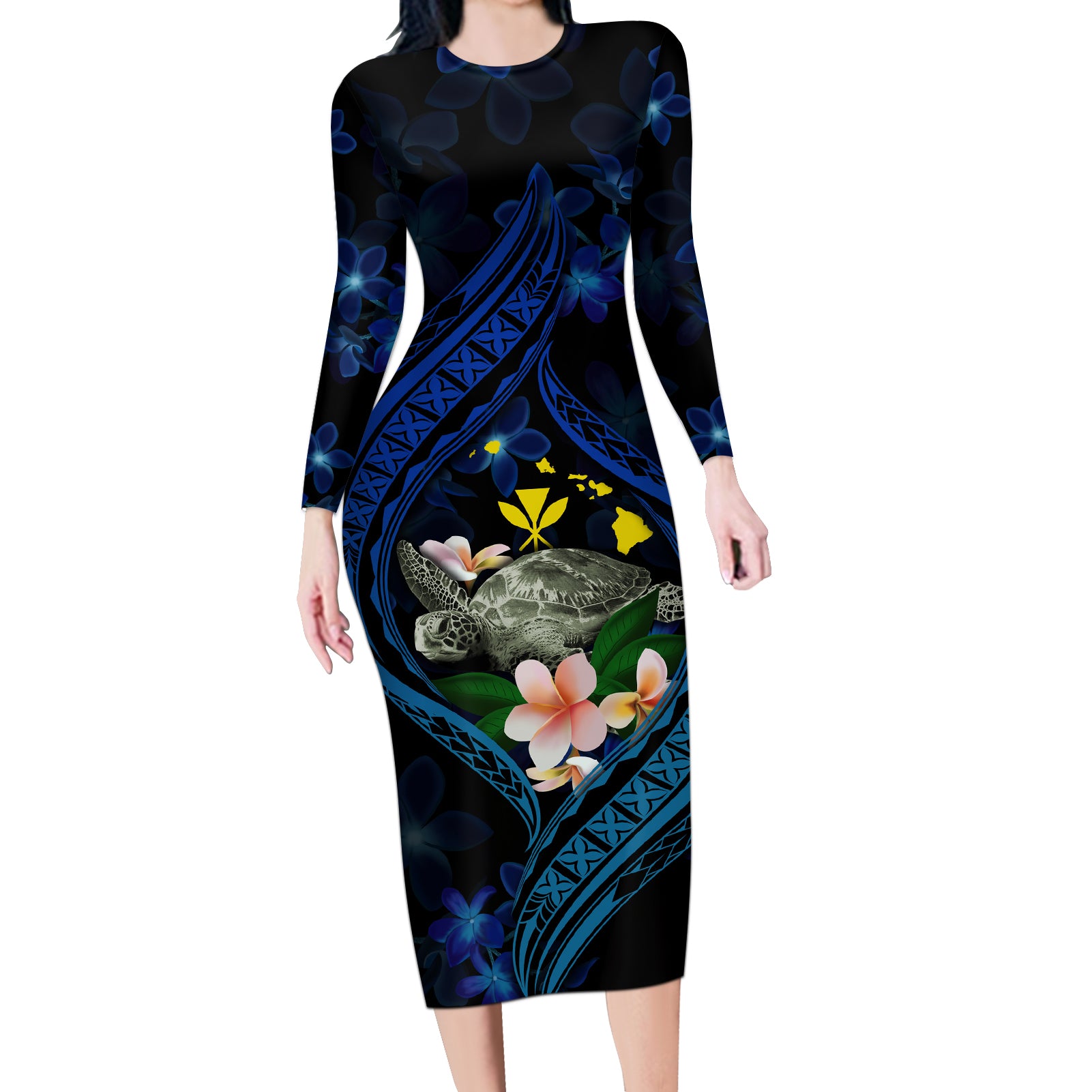 Hawaii Turtle Plumeria Flower Fanciful Long Sleeve Bodycon Dress