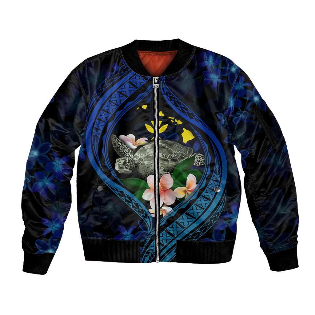 Hawaii Turtle Plumeria Flower Fanciful Sleeve Zip Bomber Jacket LT03 Unisex Black - Polynesian Pride