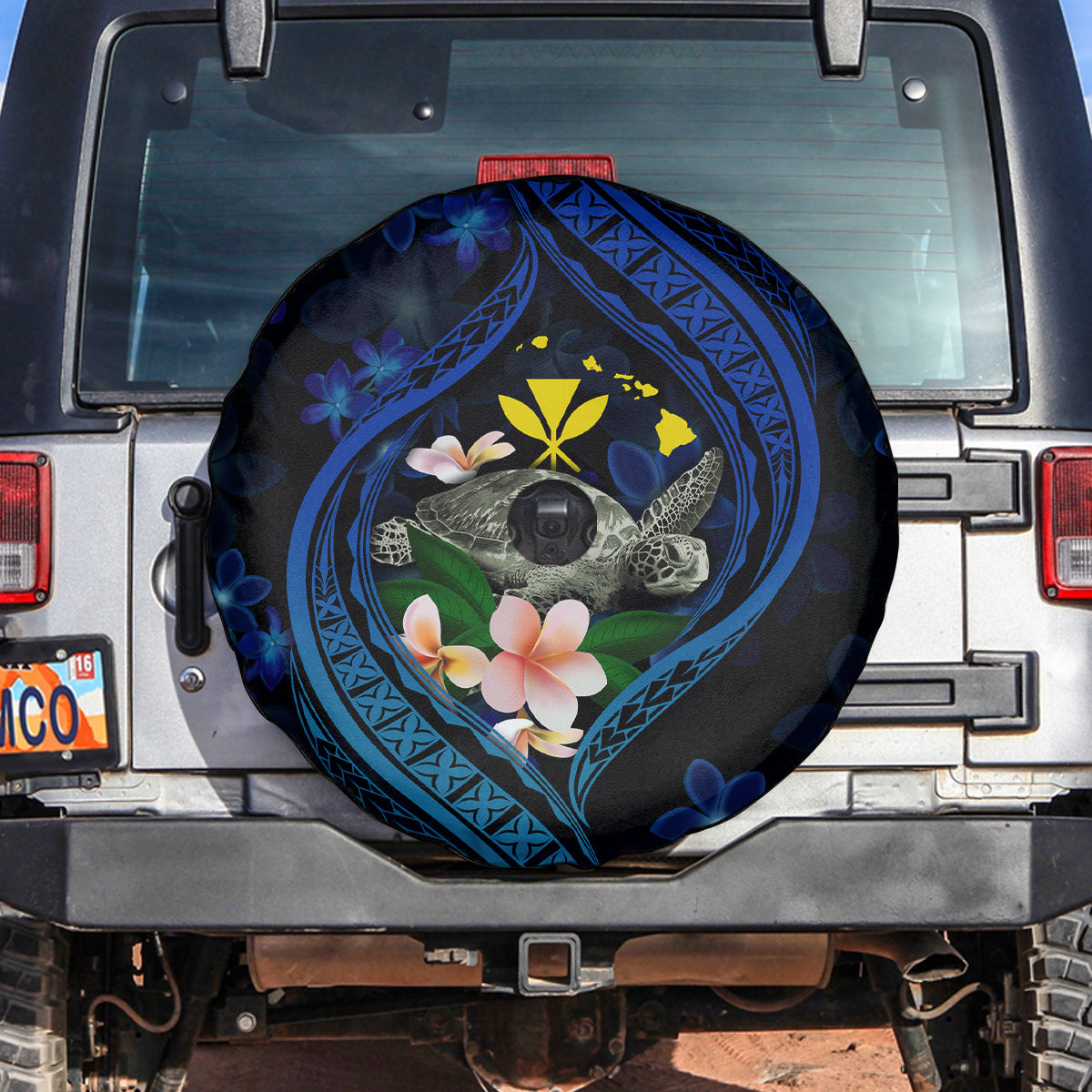Hawaii Turtle Plumeria Flower Fanciful Spare Tire Cover LT03 Black - Polynesian Pride