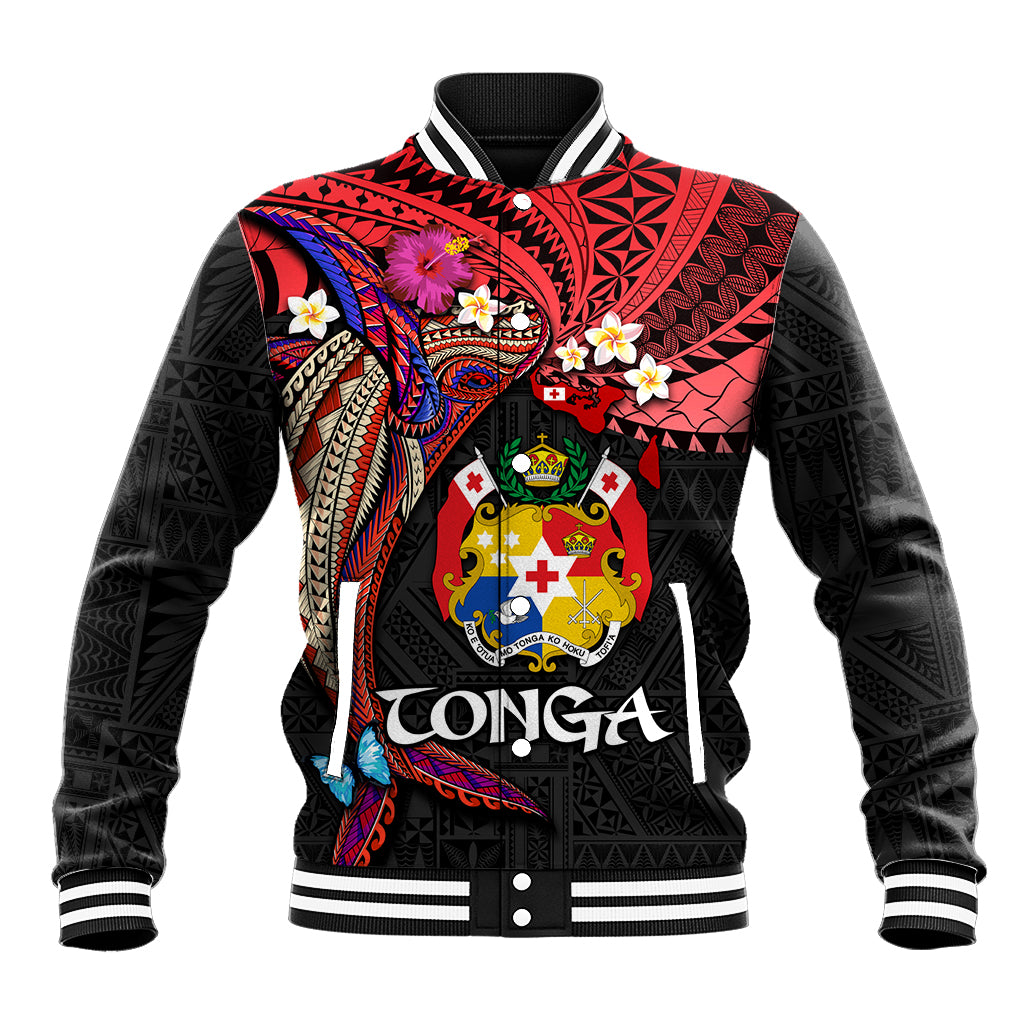 Tonga Emancipation Day Baseball Jacket Ngatu Humpback Whale Polynesian Flower LT03 Unisex Black - Polynesian Pride