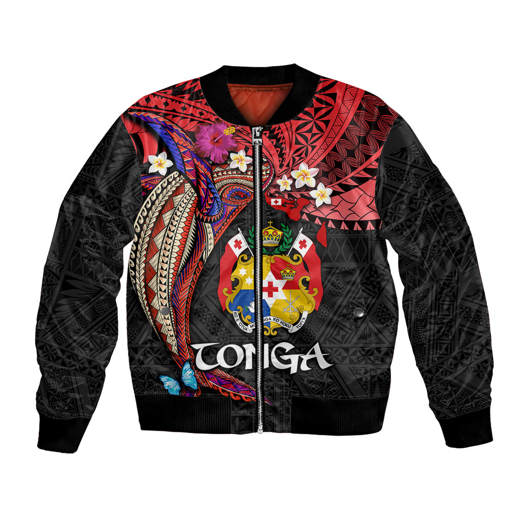 Tonga Emancipation Day Bomber Jacket Ngatu Humpback Whale Polynesian Flower LT03 Unisex Black - Polynesian Pride