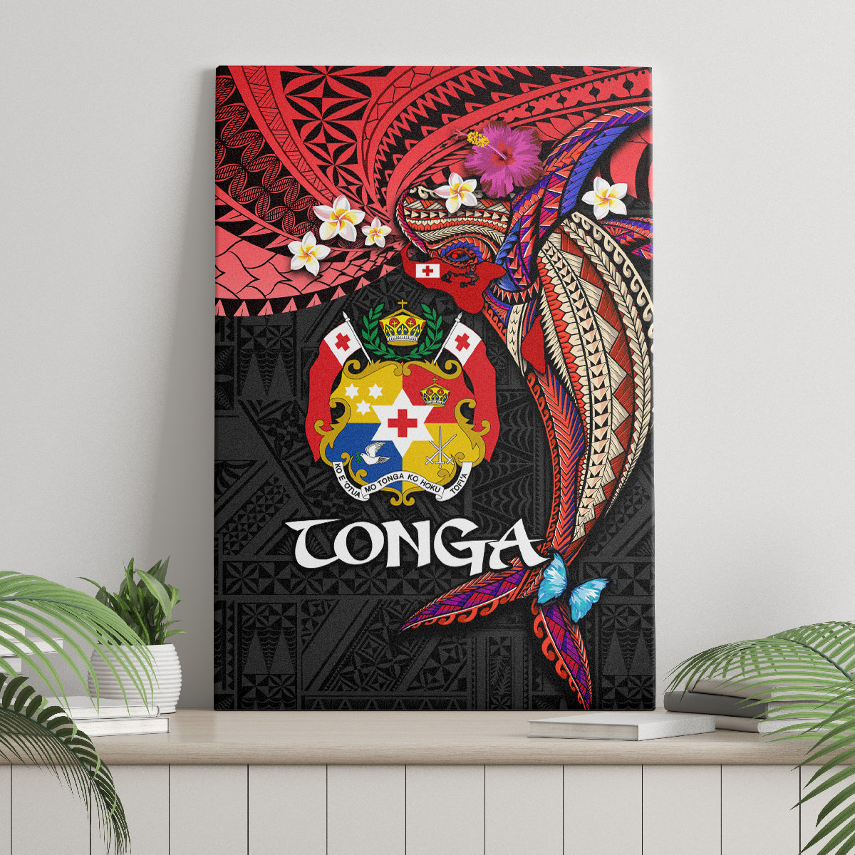 Tonga Emancipation Day Canvas Wall Art Ngatu Humpback Whale Polynesian Flower LT03 - Polynesian Pride