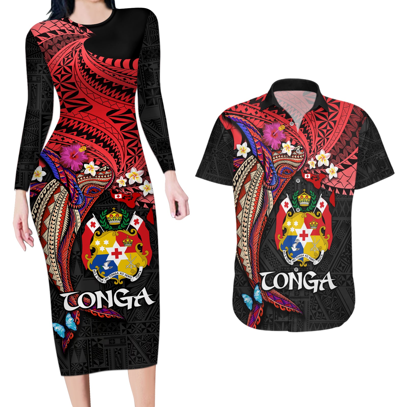 Tonga Emancipation Day Couples Matching Long Sleeve Bodycon Dress and Hawaiian Shirt Ngatu Humpback Whale Polynesian Flower