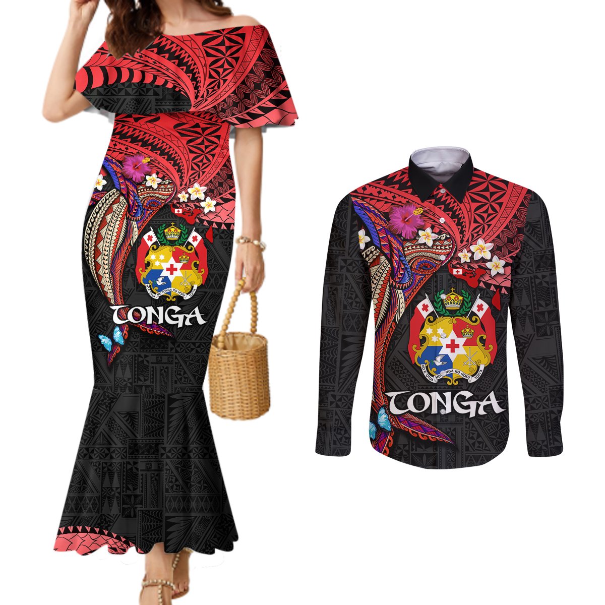 Tonga Emancipation Day Couples Matching Mermaid Dress and Long Sleeve Button Shirt Ngatu Humpback Whale Polynesian Flower LT03 Black - Polynesian Pride